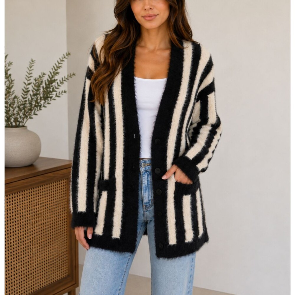 Amuse Society Keep Me Cozy Grandpa Cardigan Fuzzy Striped Sweater S